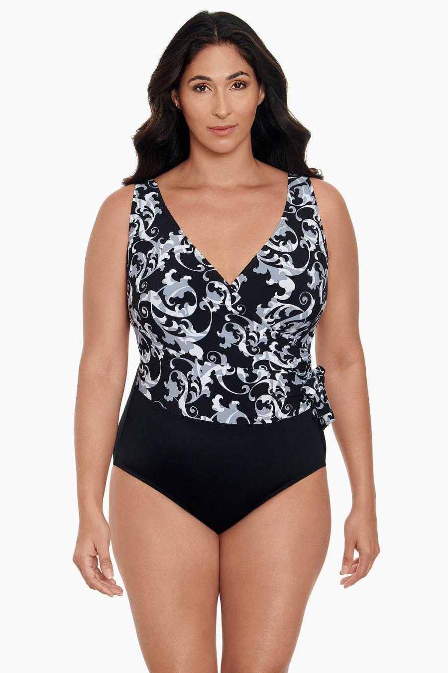 Swim Longitude | Side Tie Draped Surplice Long Torso One Piece Swimsuit Caprice Black/White