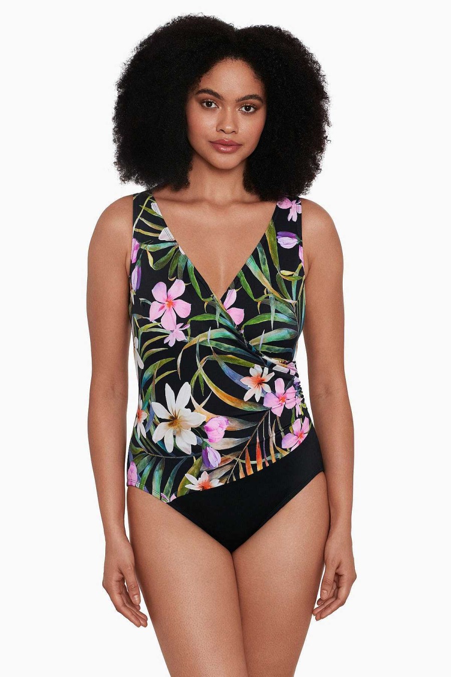 Swim Longitude | Side Shirred Surplice Long Torso Swimsuit Elysian Fields Pink/Multi