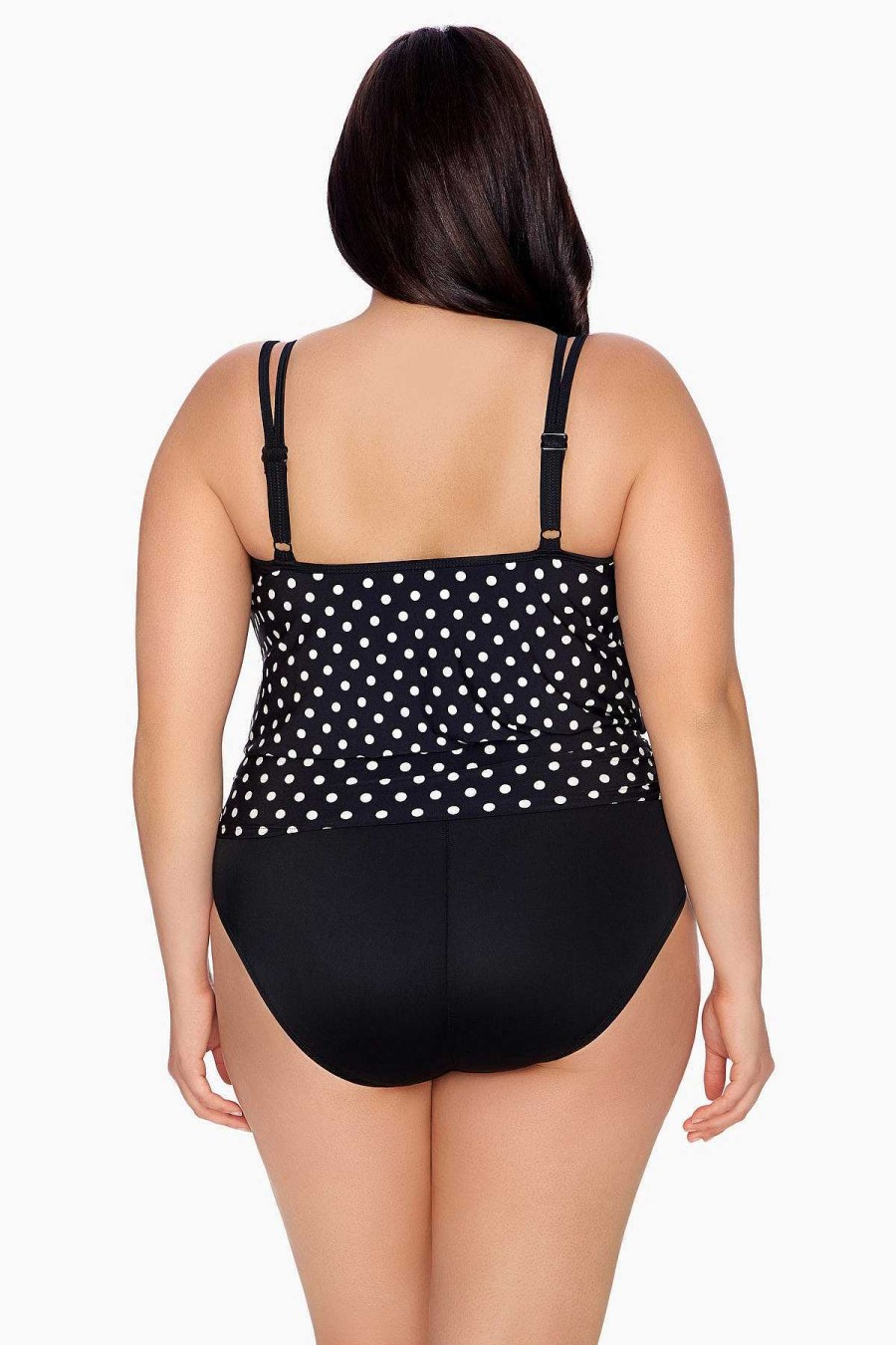 Swim Longitude | Plus Size Side Ruched Blouson Long Torso One Piece Swimsuit Luna Dot Black/White