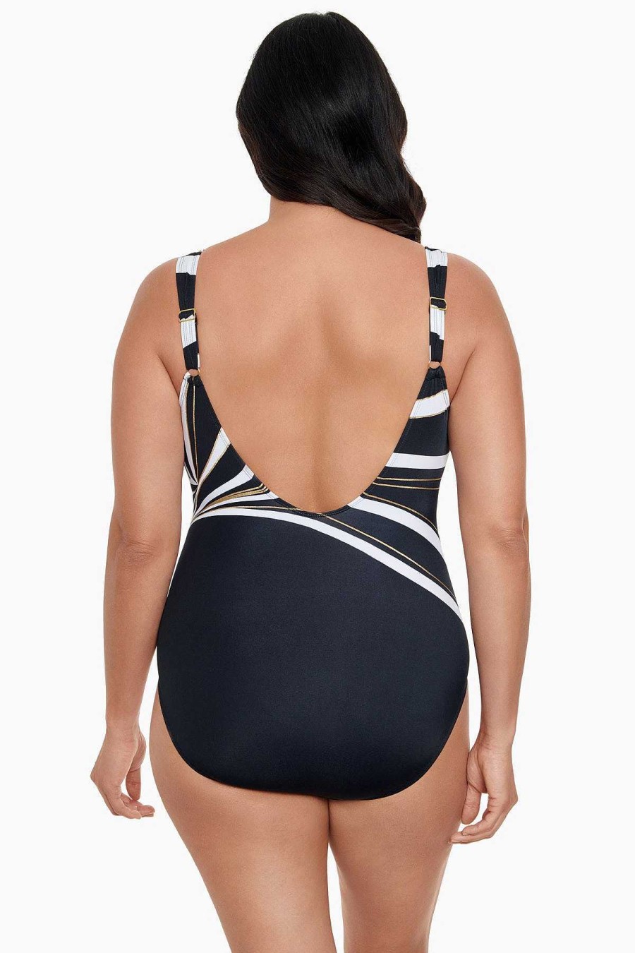 Swim Longitude | Panel Scoop Neck Tank One Piece Swimsuit W/Hardware Dangerous Curves Black/Gold