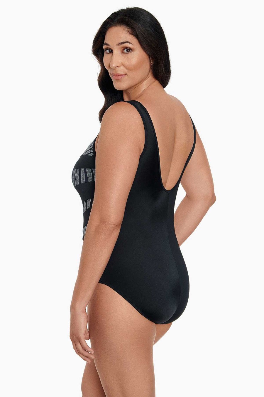 Swim Longitude | Mesh Highneck Long Torso One Piece Swimsuit Party Animal Black/Silver