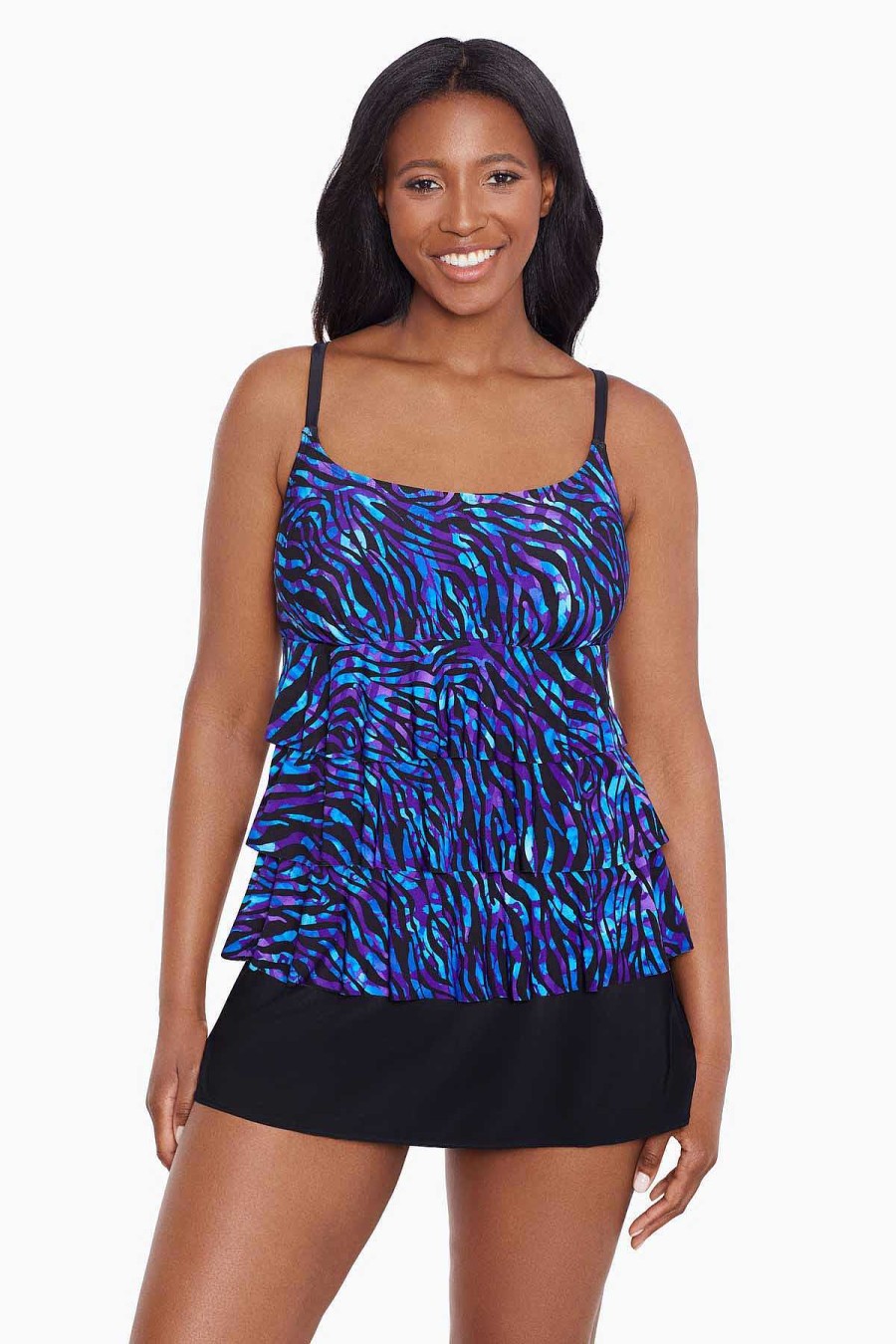 Swim Longitude | Ruffle Faux Skirtini W/ Pockets Long Torso One Piece Swimsuit Painted Safari Black/Multi