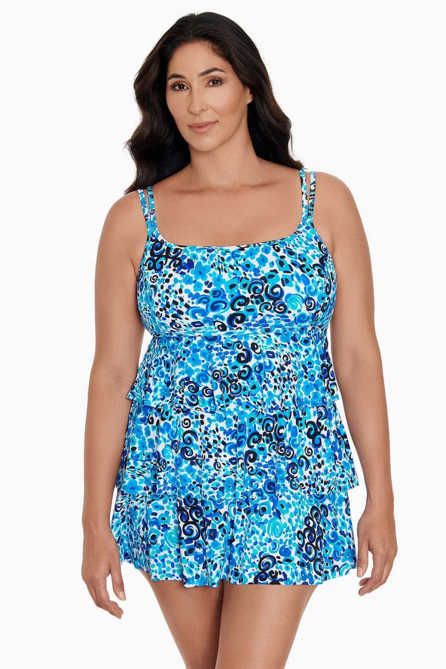 Swim Longitude | Plus Size Triple Tier Swim Dress Fanciful Blue