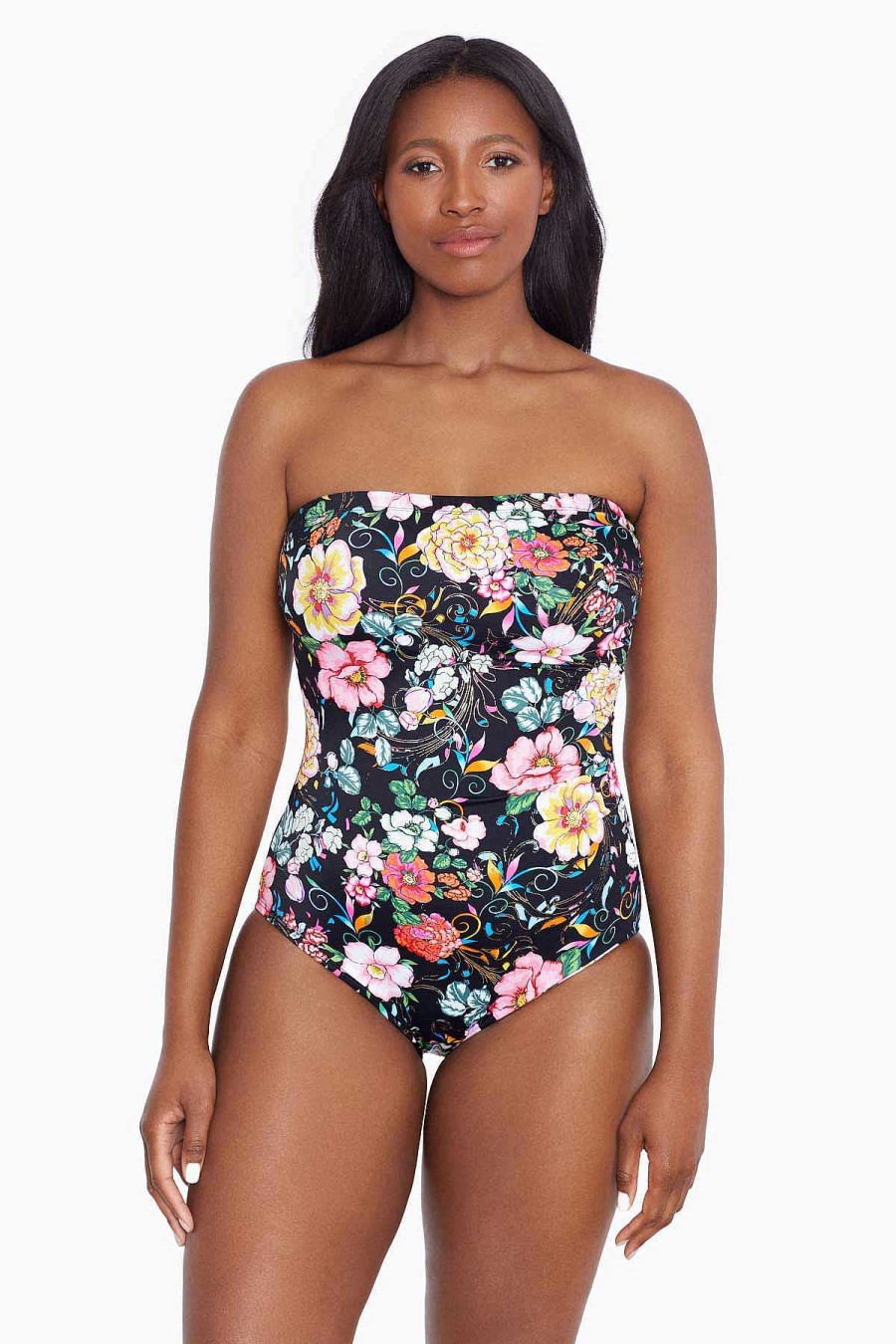 Swim Longitude | Side Shirred Bandeau Long Torso One Piece Swimsuit True Romance Multi