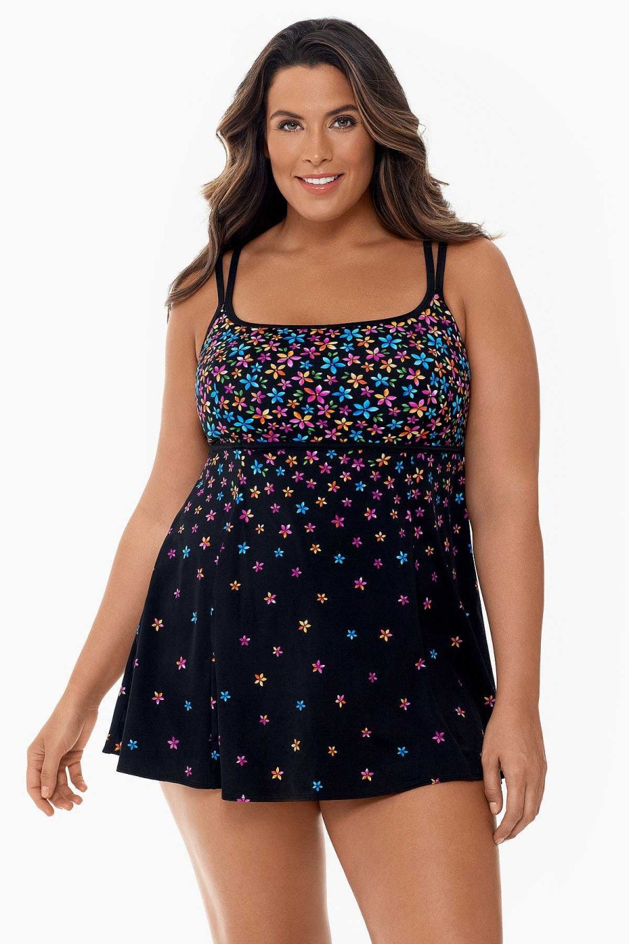 Swim Longitude | Plus Size Empire Princess Seam Swim Dress Floral Obsession Multi