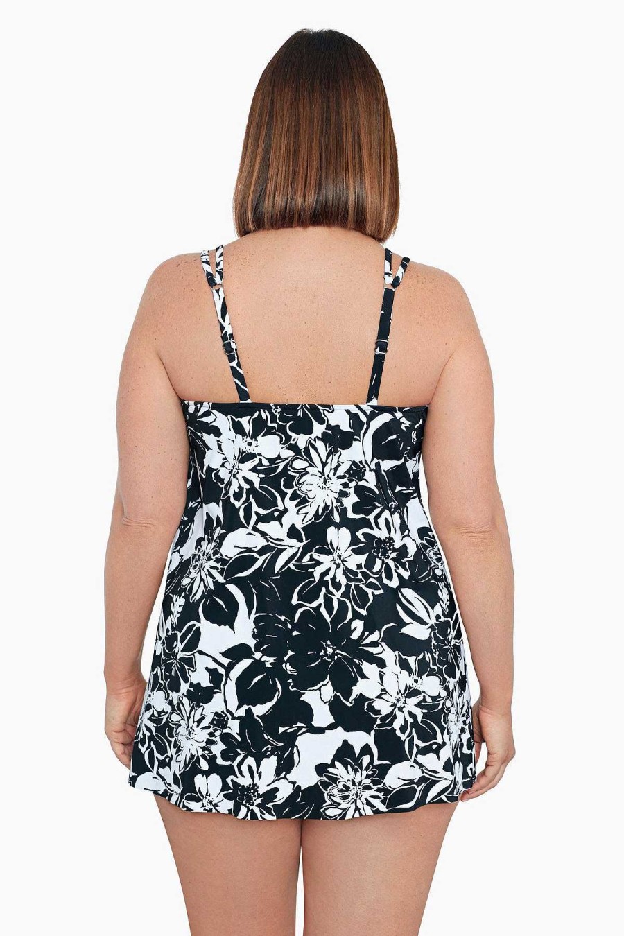 Swim Longitude | Plus Size Pleated Front One Piece Swim Dress Bloomfield Black/White