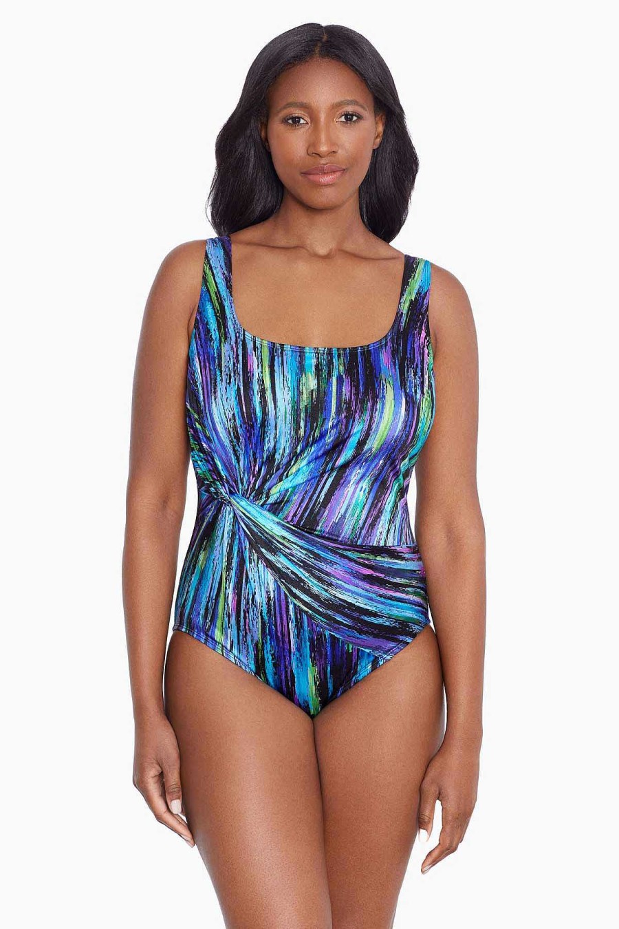 Swim Longitude | Twist Drape Tank Long Torso One Piece Swimsuit Brilliant Streaks Multi