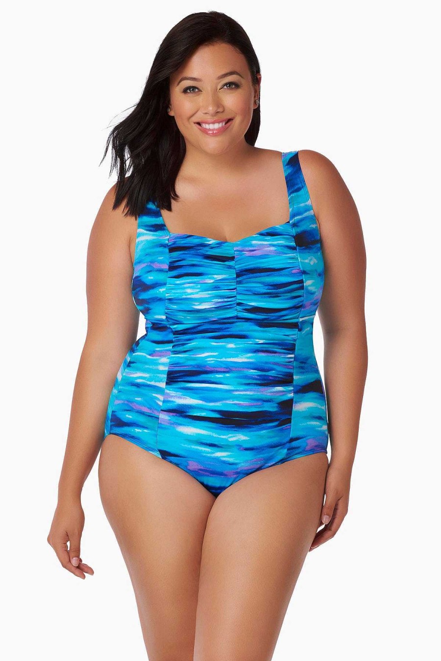 Swim Longitude | Plus Size Shirred Sweetheart Lingerie Tank Long Torso One Piece Swimsuit Making Waves Blue