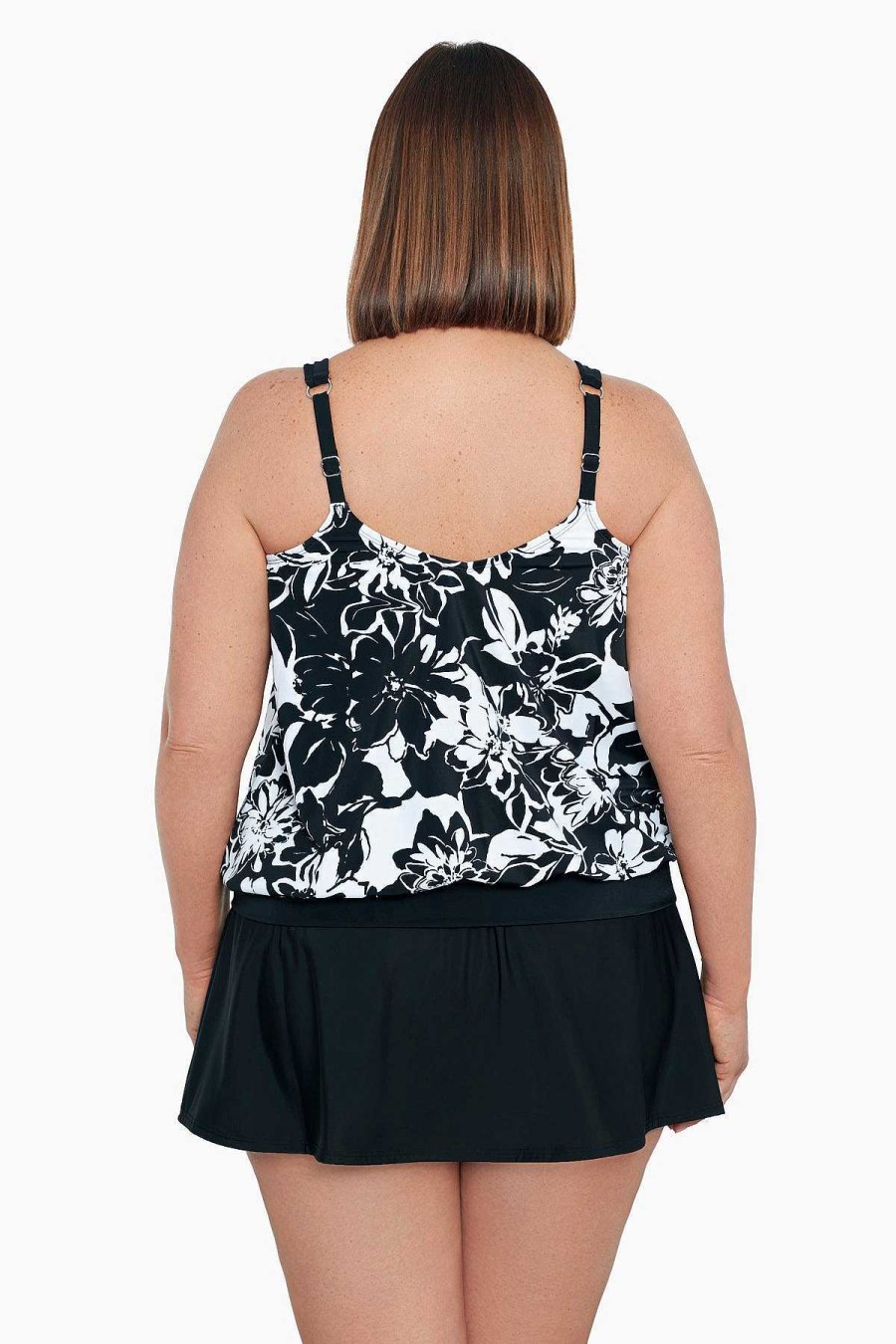 Swim Longitude | Plus Size V-Neck Blouson Ring Tankini Top Bloomfield Black/White