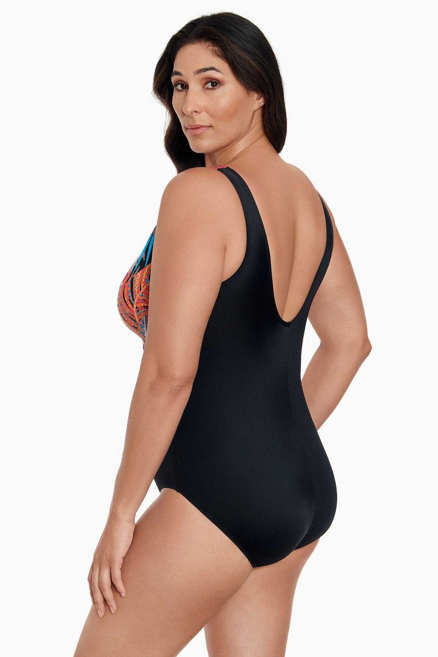 Swim Longitude | Side Tie Draped Surplice Long Torso One Piece Swimsuit Jungle Boogie Multi