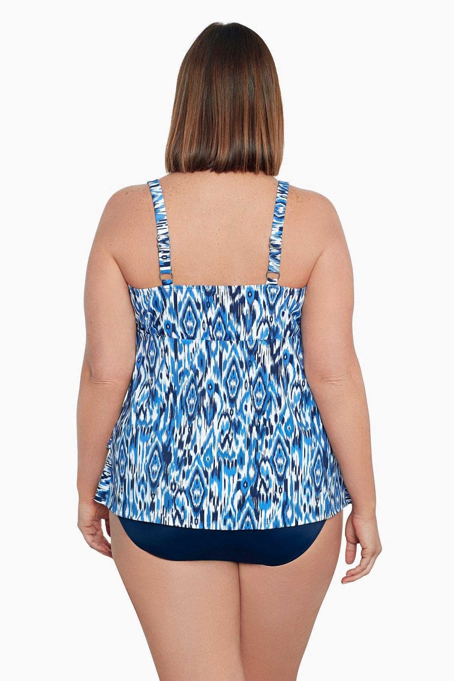 Swim Longitude | Plus Size Triple Tier Tankini Top Ikats Meow Denim