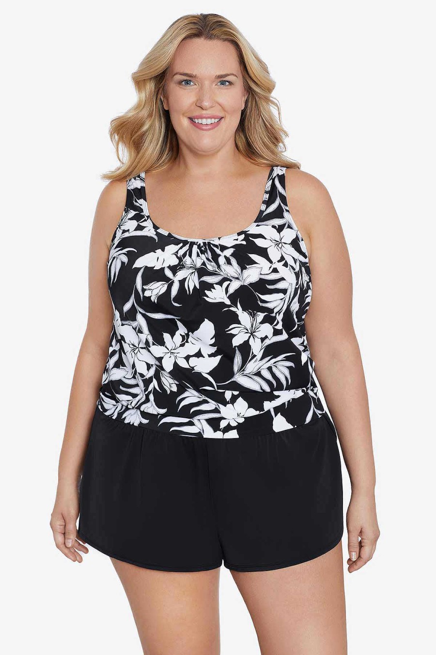 Swim Longitude | Plus Size Shirred Neck Blouson Underwire With Bra Back Nightshade Black/White