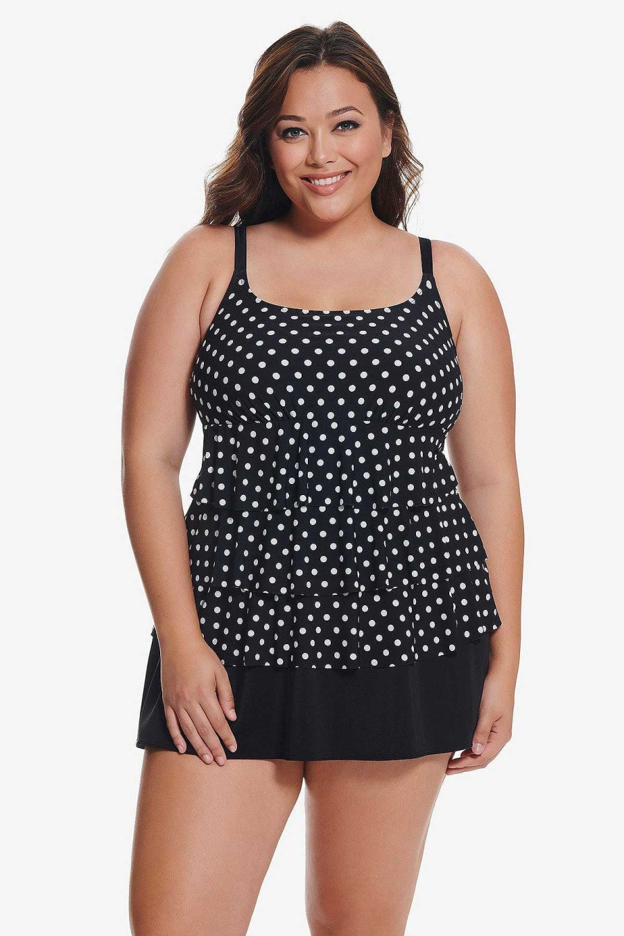 Swim Longitude | Plus Size Ruffle Faux Skirtini Dot To Dot Black/White