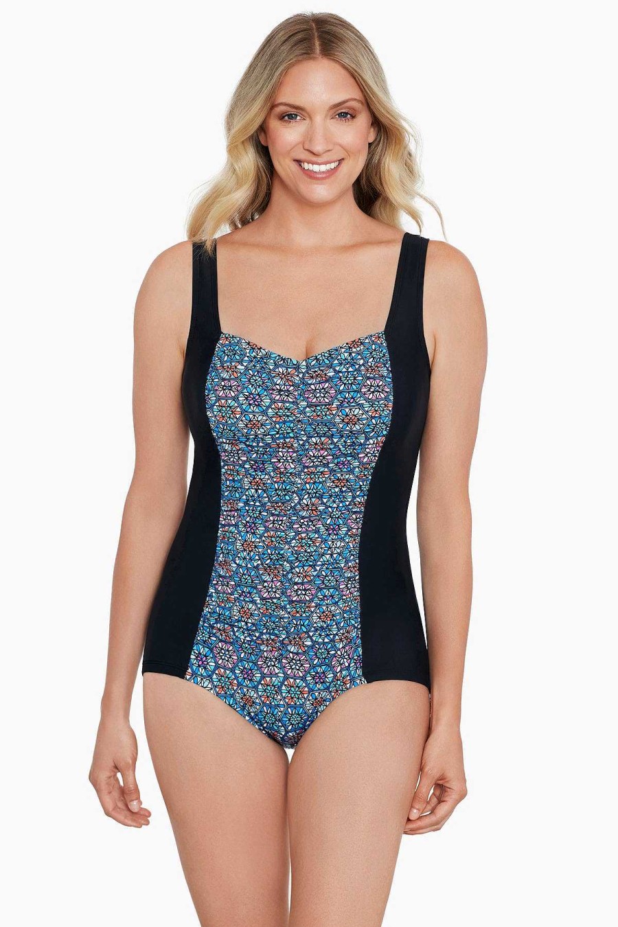 Swim Longitude | Shirred Front Girl Leg One Piece Swimsuit Tile Play Multi