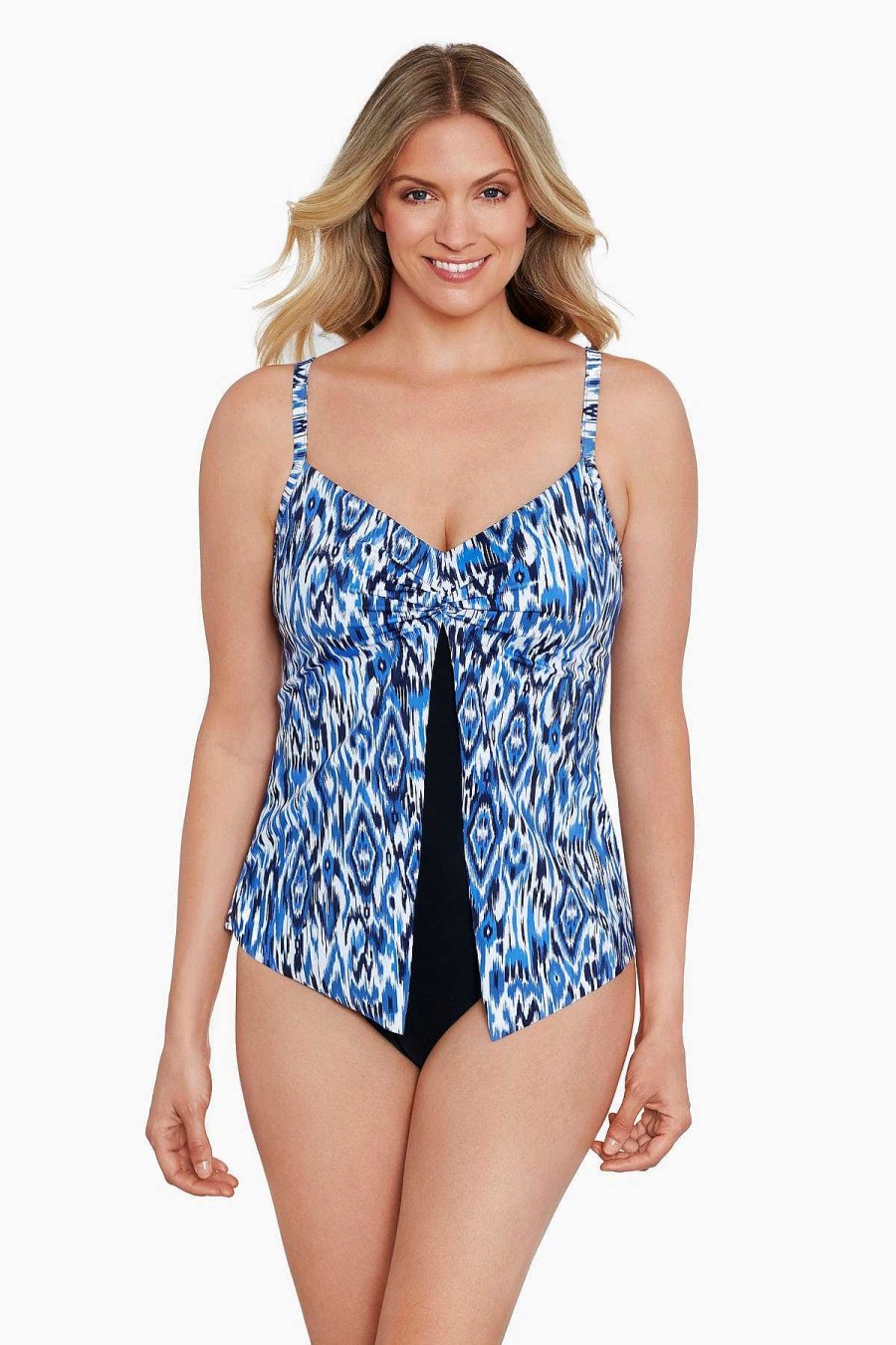 Swim Longitude | Knotted Flyaway Fauxkini One Piece Swimsuit Ikats Meow Denim