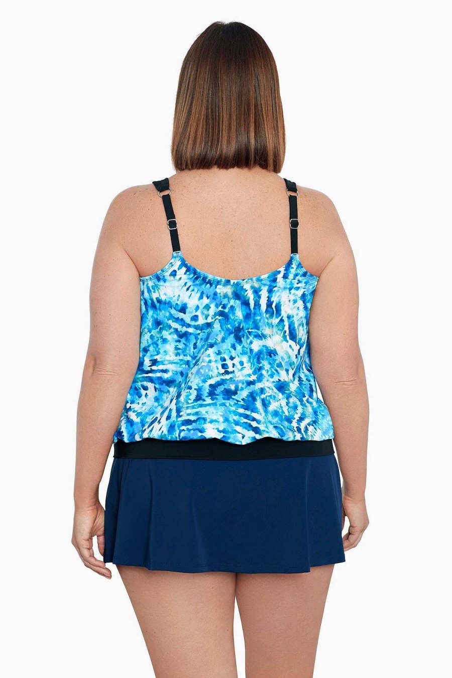 Swim Longitude | Plus Size V-Neck Blouson Ring Tankini Top Wishy Washy Black/Multi