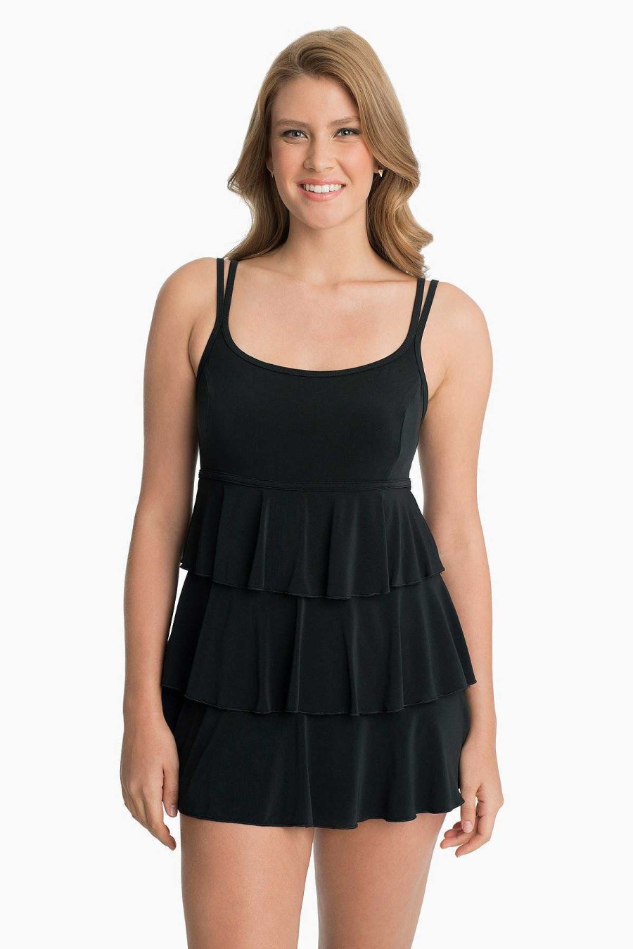 Swim Longitude | Plus Size Triple Tier Swim Dress Black