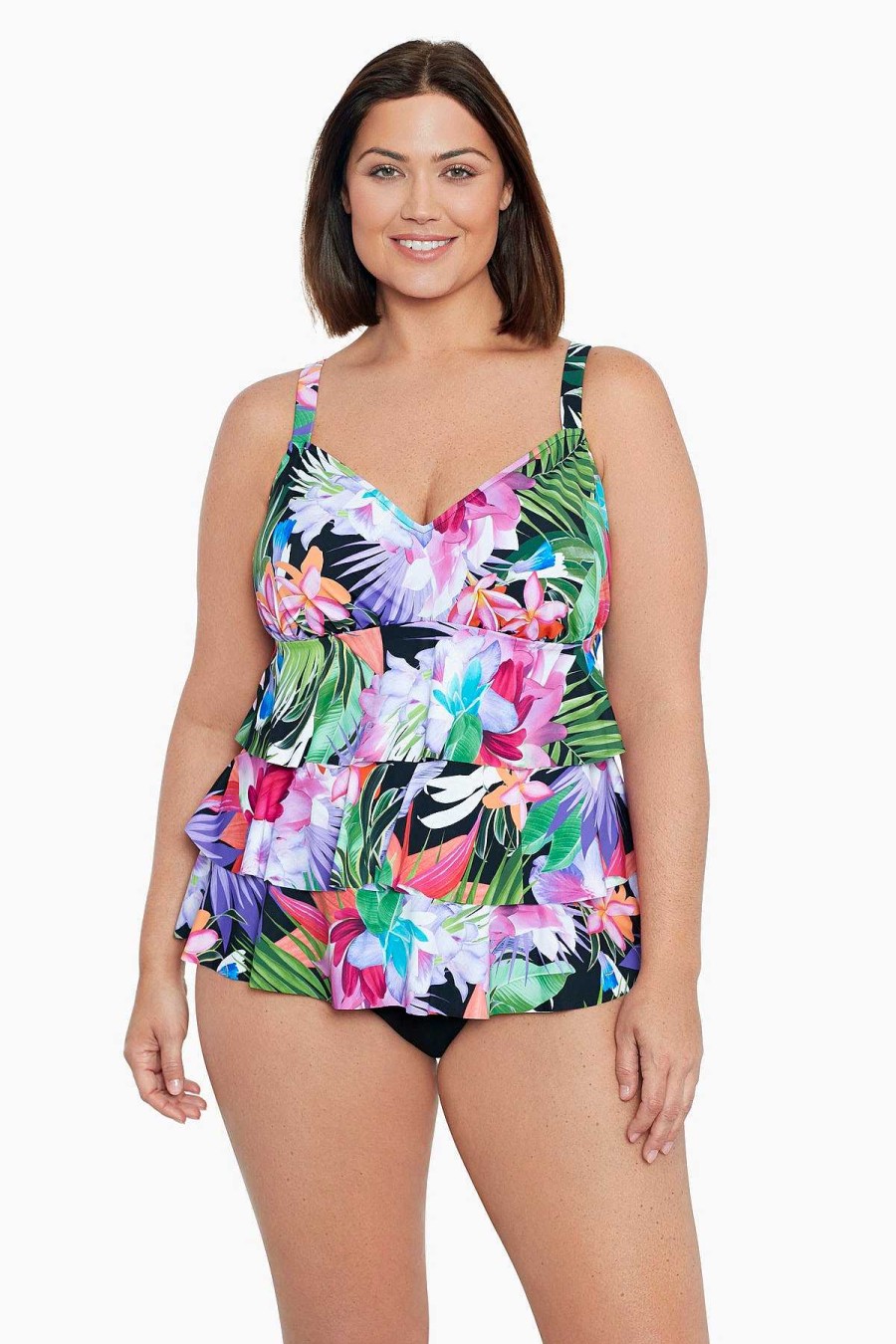 Swim Longitude | Plus Size Triple Tier Tankini Top Lush Life Black/Multi