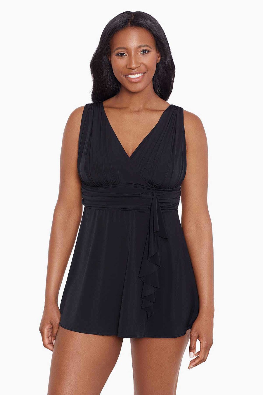 Swim Longitude | Ruffle Goddess Long Torso Swim Dress Night Gala Black