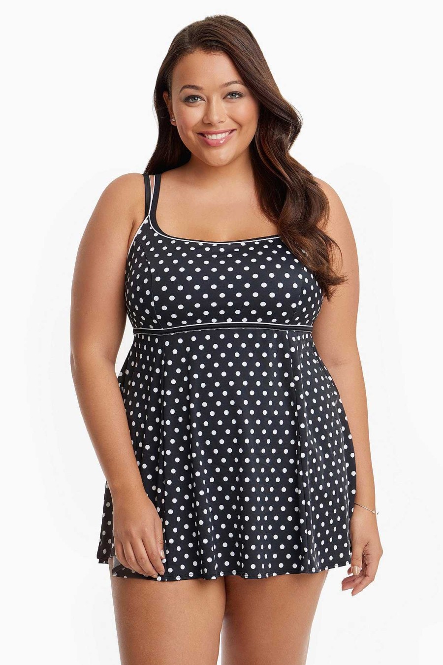 Swim Longitude | Plus Size Empire Princess Swim Dress W/ Piping Luna Dot Black/White