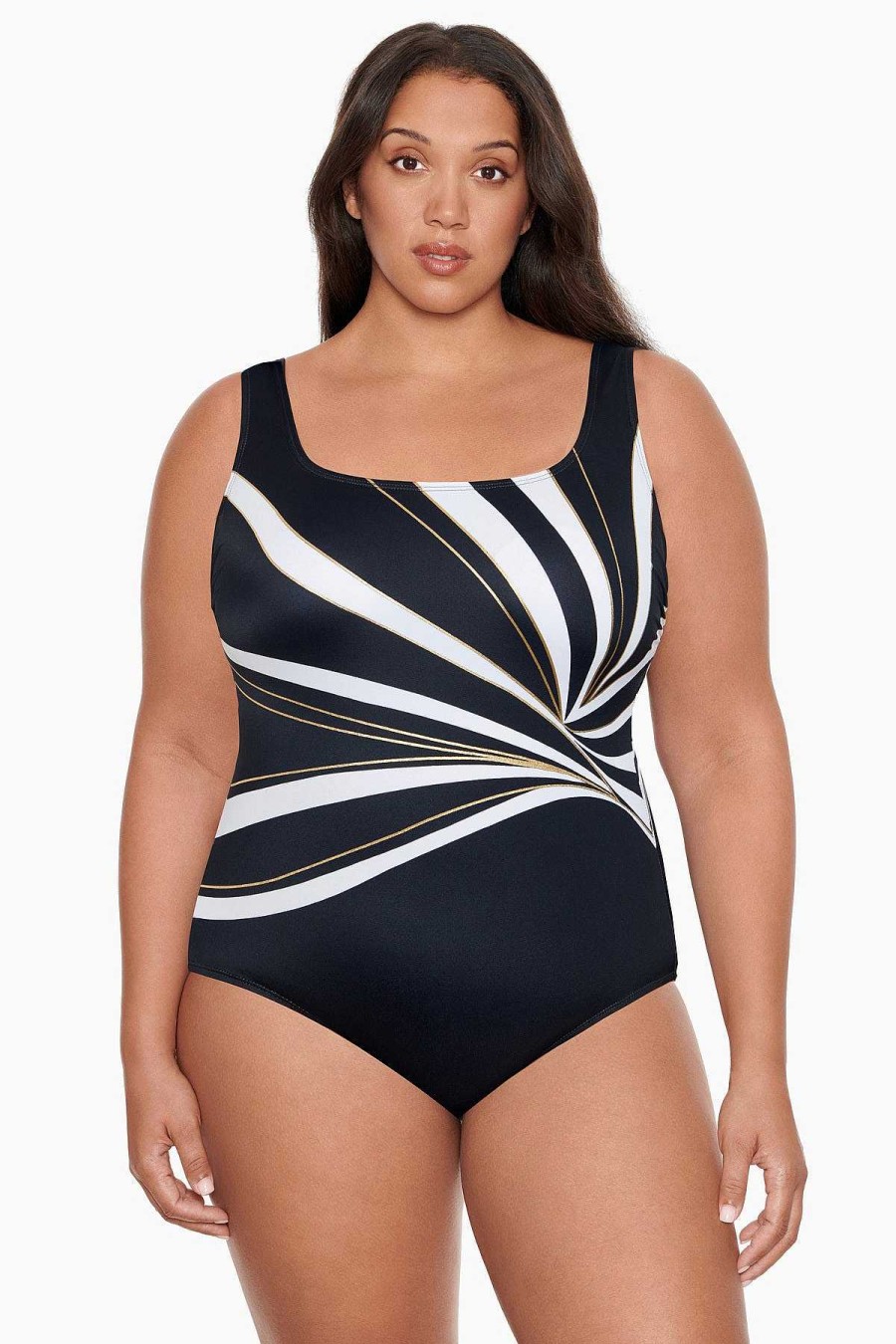 Swim Longitude | Plus Size Panel Scoop Neck Tank W/Hardware Dangerous Curves Black/Gold