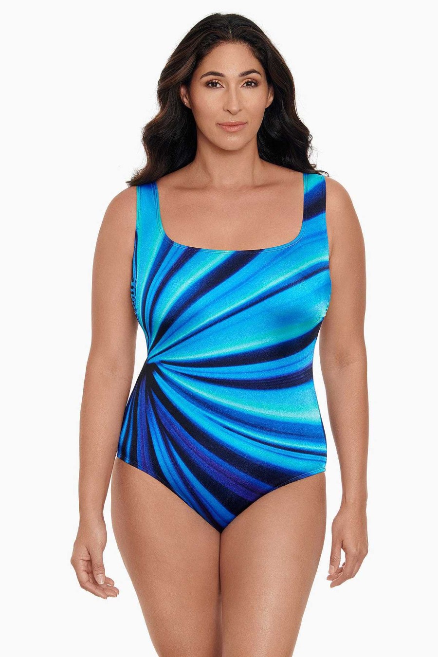 Swim Longitude | Panel Scoopneck Tank Long Torso One Piece Swimsuit Dna Shift Blue