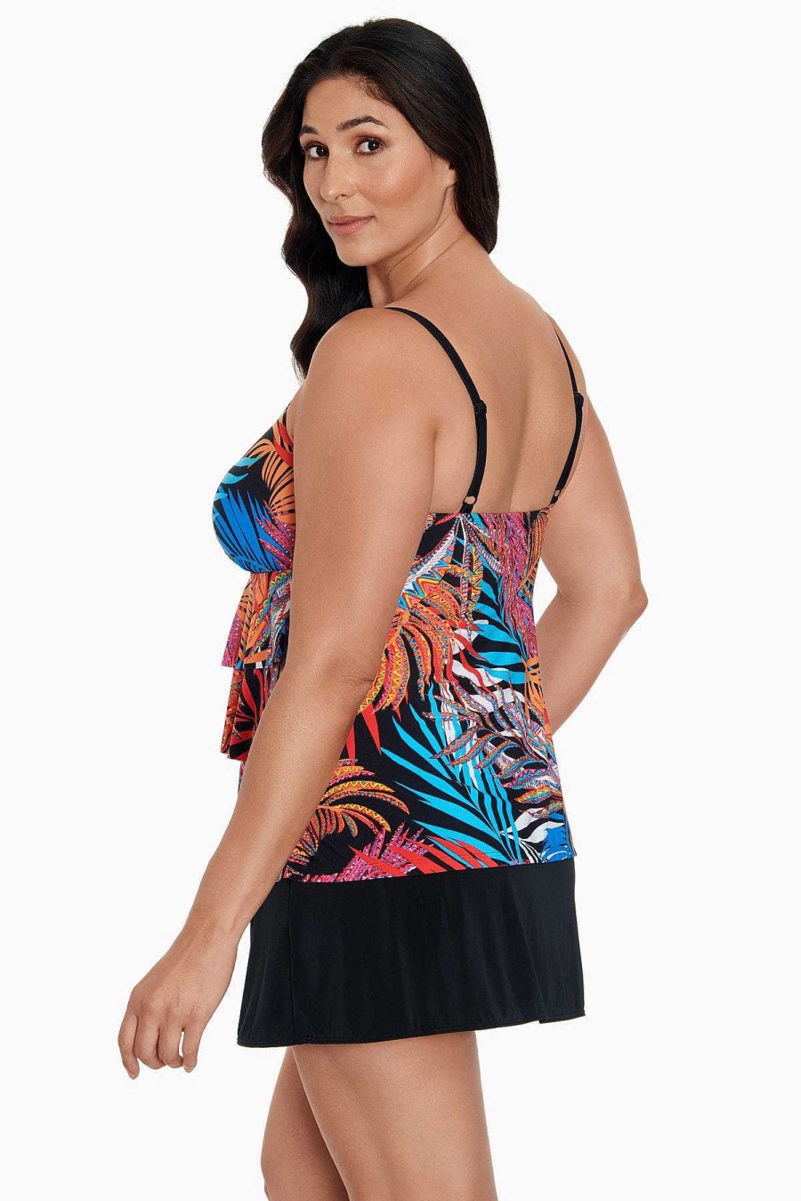 Swim Longitude | Faux Ruffle Skirtini W/Pockets Long Torso Swim Dress Jungle Boogie Multi