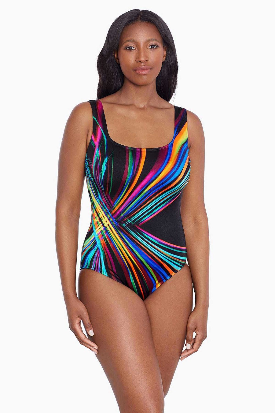 Swim Longitude | Panel Scoopneck Tank Long Torso One Piece Swimsuit Kinetic Force Multi