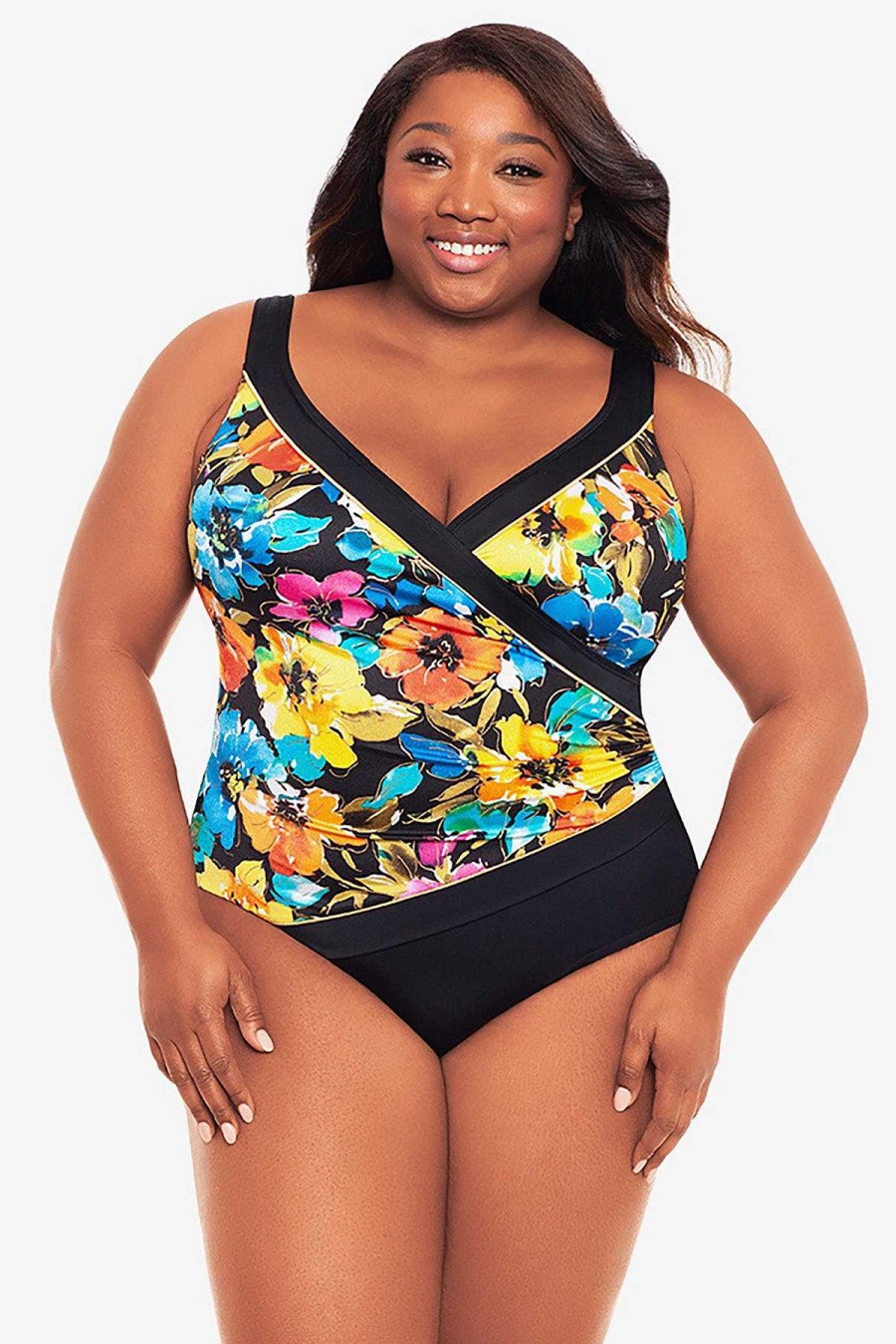 Swim Longitude | Plus Size Piped Side Shirred Surplice Long Torso One Piece Swimsuit Night Glow Multi