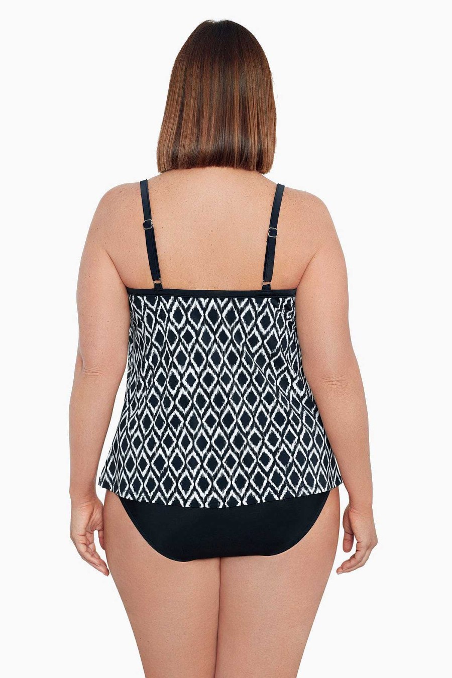 Swim Longitude | Plus Size Knotted Flyaway Tankini Top Batik Charm Black/Ivory