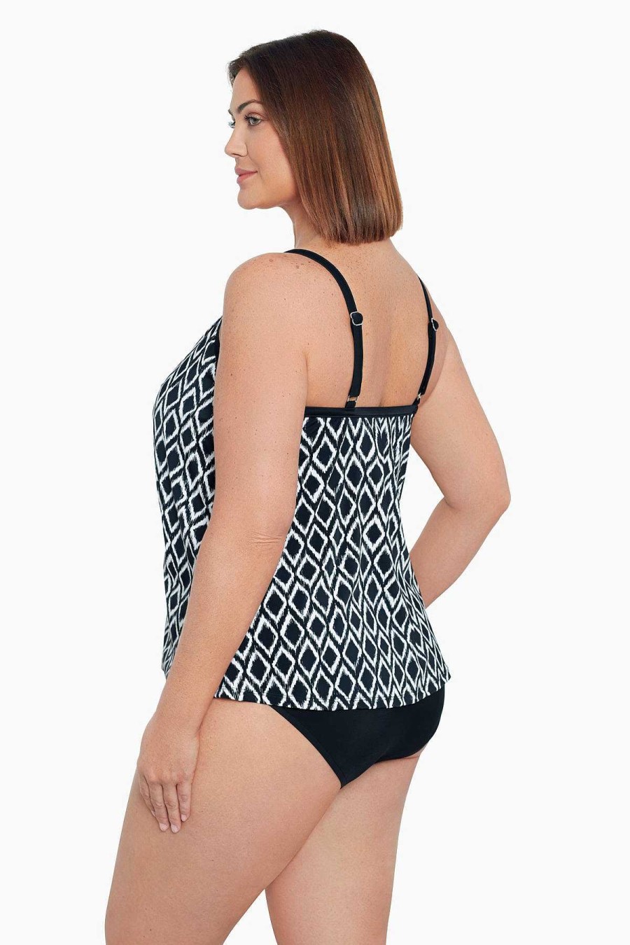 Swim Longitude | Plus Size Knotted Flyaway Tankini Top Batik Charm Black/Ivory