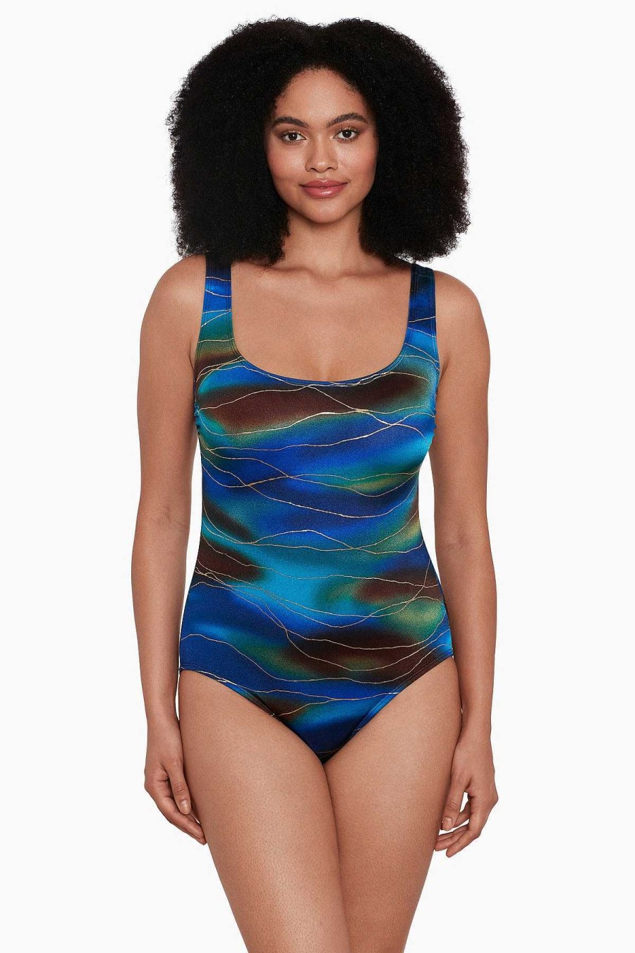 Swim Longitude | Double X-Back Long Torso Tank Swimsuit Bryant Park Brown/Multi