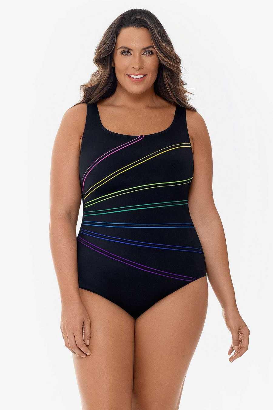 Swim Longitude | Plus Size 7-Overlay Fan Tank Long Torso One Piece Swimsuit Colorblock Multi