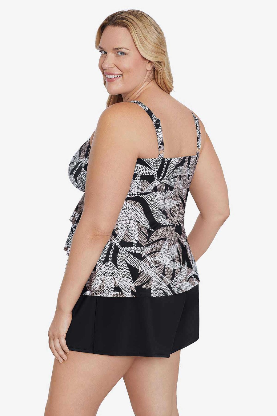 Swim Longitude | Plus Size Triple Tier Tankini Dot Leaf Me Black