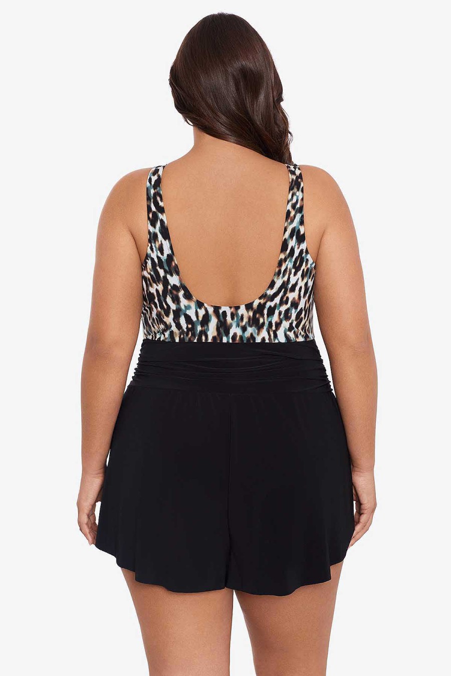 Swim Longitude | Plus Size Rebecca One Piece Romper Swimsuit Leopard In The Mist Brown