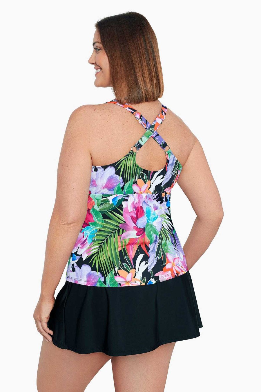 Swim Longitude | Plus Size High Neck Keyhole Tankini Top Lush Life Black/Multi