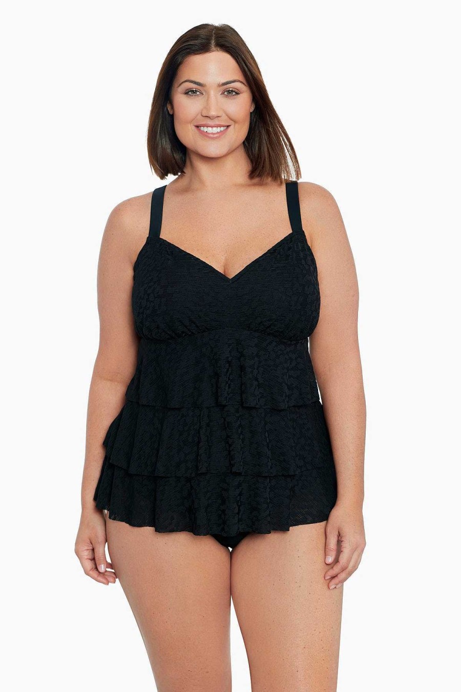 Swim Longitude | Plus Size Triple Tier Tankini Top Shadow Prowl Black