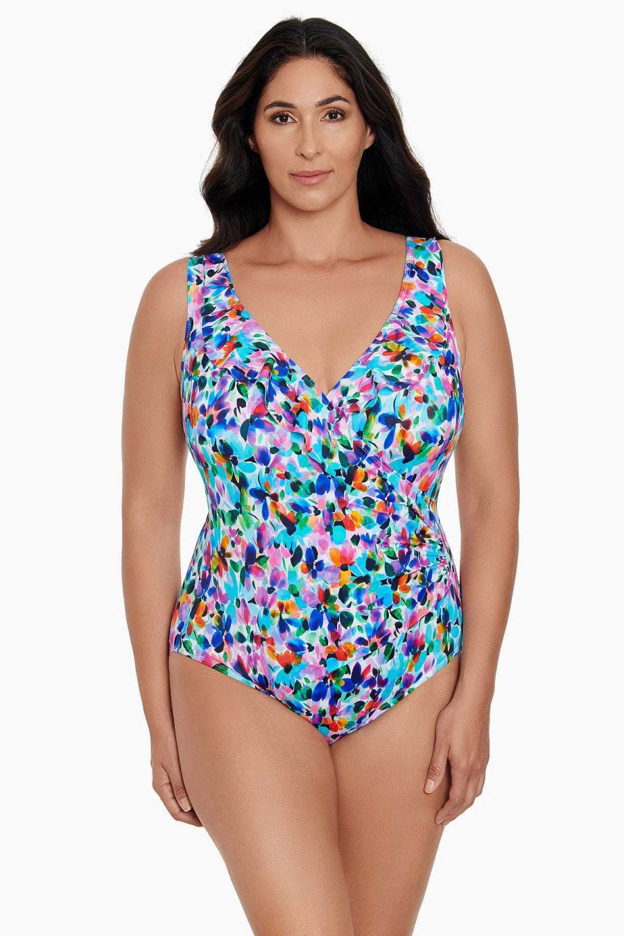 Swim Longitude | Ruffle Surplice Long Torso One Piece Swimsuit Blooming Bouquet Multi