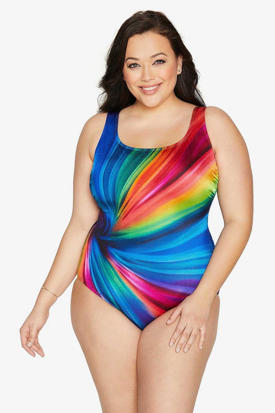 Swim Longitude | Plus Size Panel Scoopneck Tank Long Torso One Piece Swimsuit Twisted Ways Multi