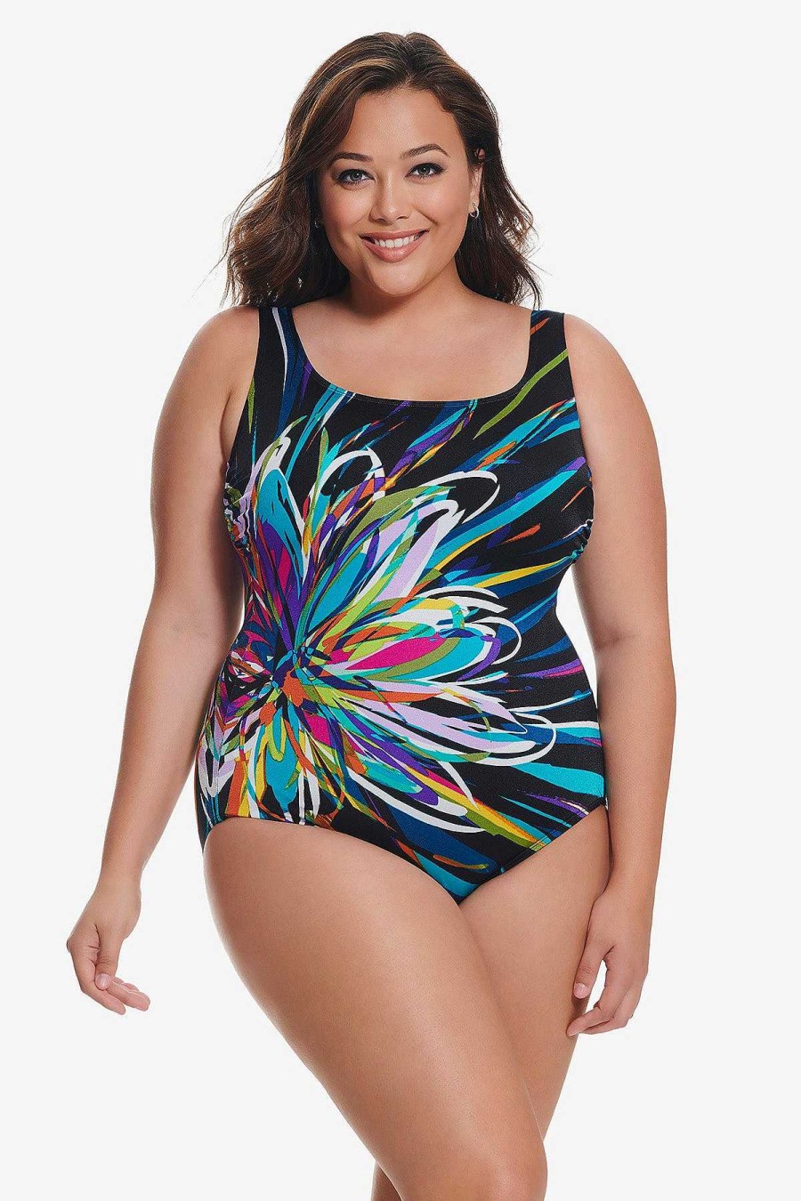 Swim Longitude | Plus Size Panel Scoopneck Tank Long Torso One Piece Swimsuit Floral Mayhem Multi