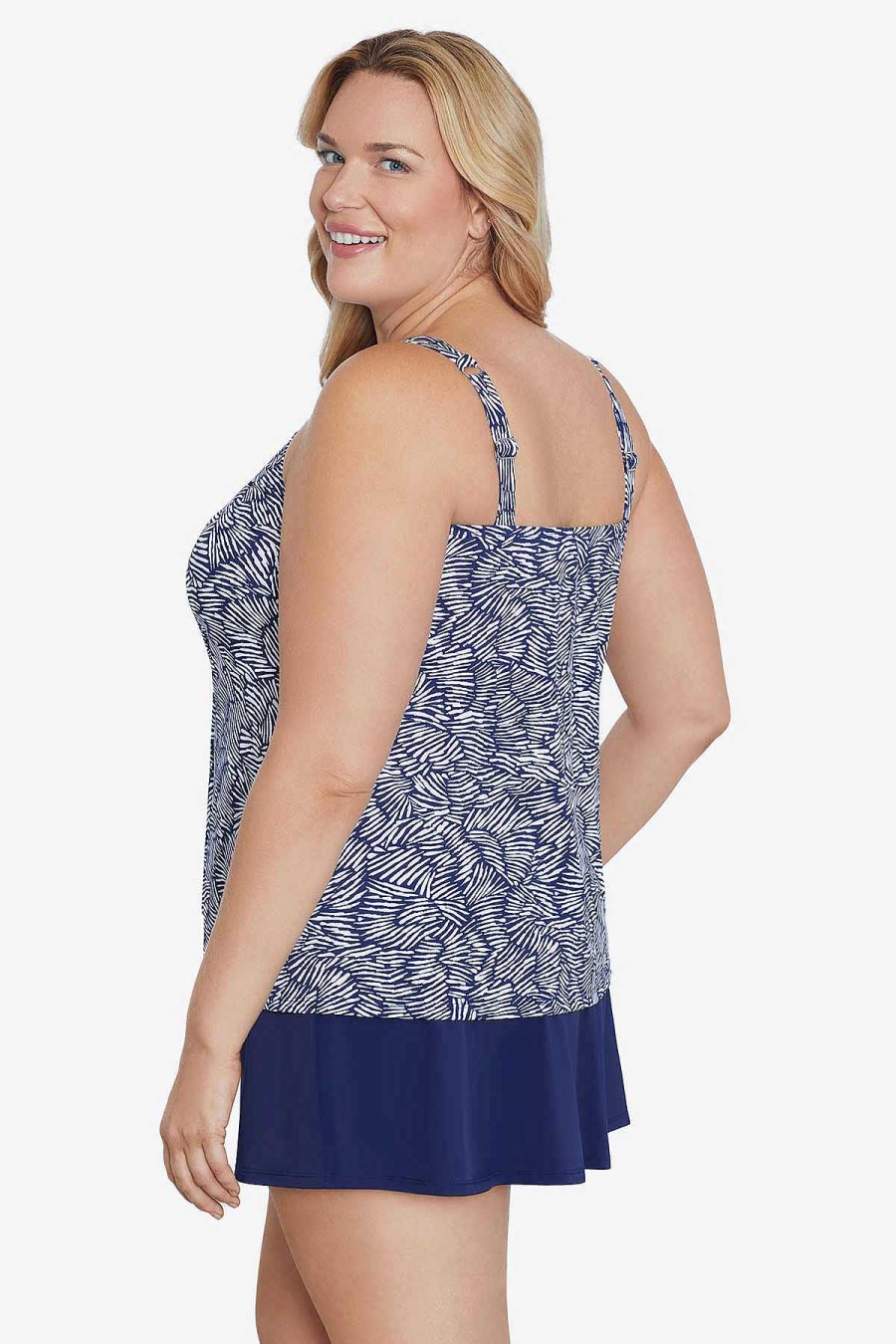 Swim Longitude | Plus Size Handkerchief Hem Tankini Shifting Shapes Navy/White