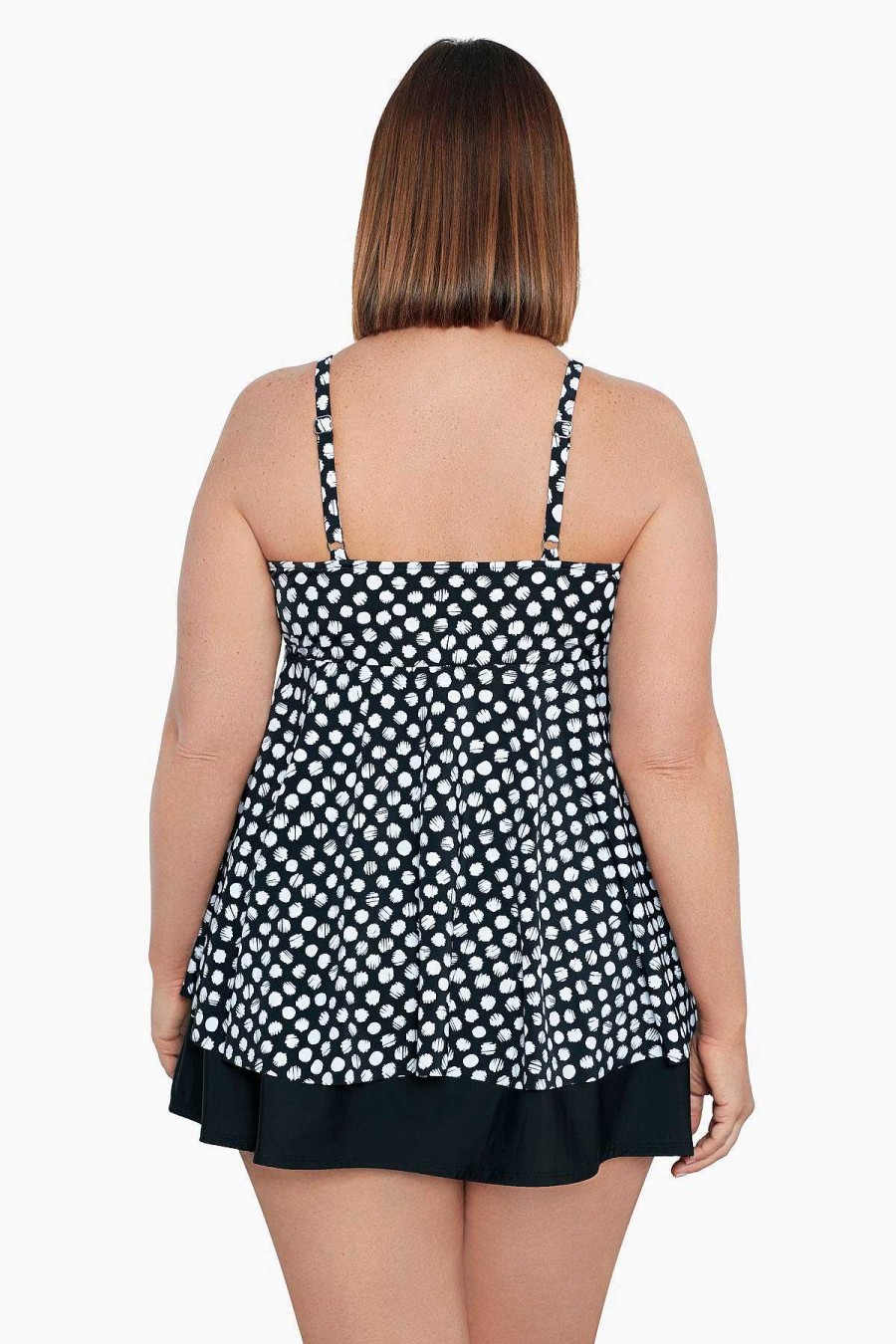 Swim Longitude | Plus Size V-Neck Tankini Top Spots Black/White