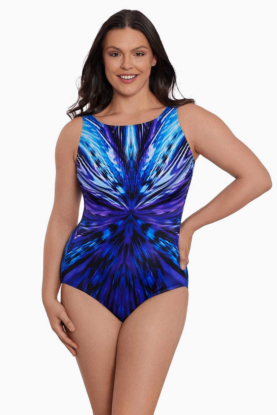 Swim Longitude | Panel Scoopback Highneck Long Torso One Piece Swimsuit Double Take Purple