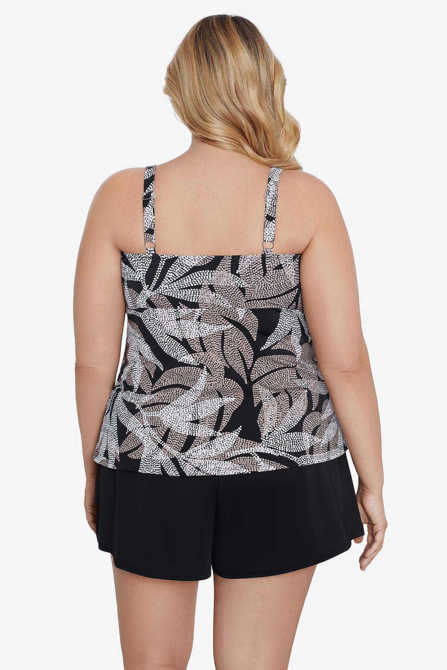 Swim Longitude | Plus Size Triple Tier Tankini Dot Leaf Me Black