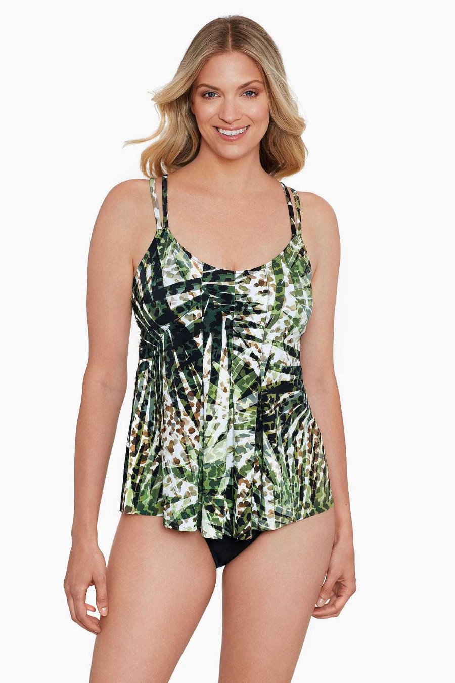 Swim Longitude | Pleated Front Tankini Top Wild Leaf Multi