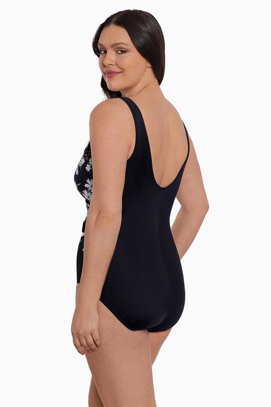 Swim Longitude | Side Tie Draped Surplice Long Torso One Piece Swimsuit Whoopsie Daisy Black/Gold