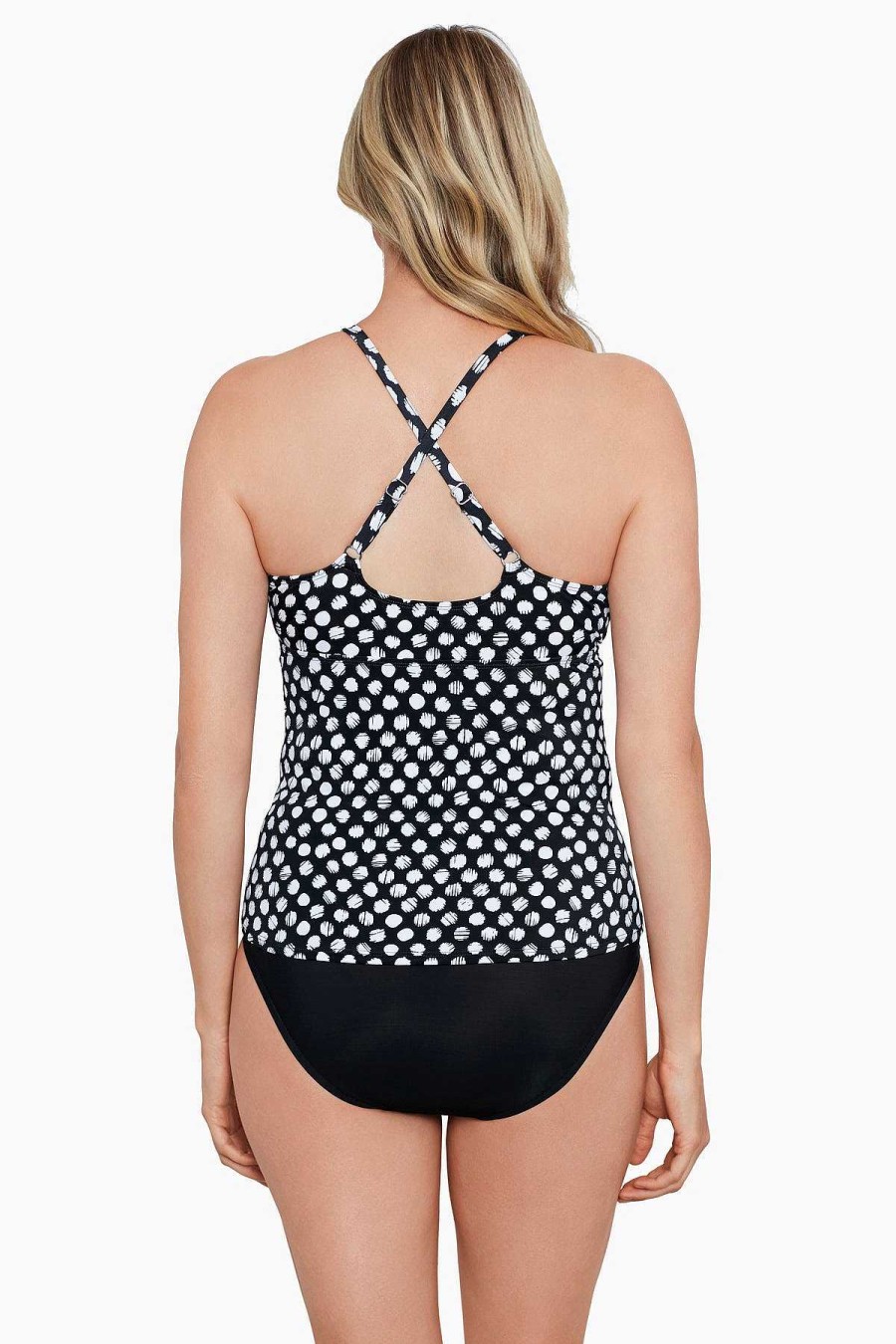 Swim Longitude | High Neck Keyhole Tankini Top Spots Black/White