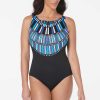 Swim Longitude | Scoopback Highneck Long Torso One Piece Swimsuit Glitz And Glamour Blue