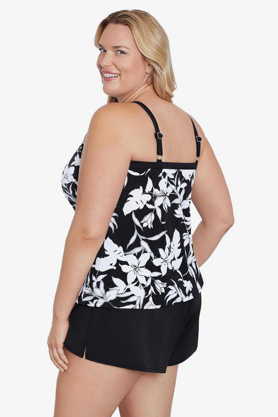 Swim Longitude | Plus Size High Neck Tankini Underwire Bra Back Nightshade Black/White