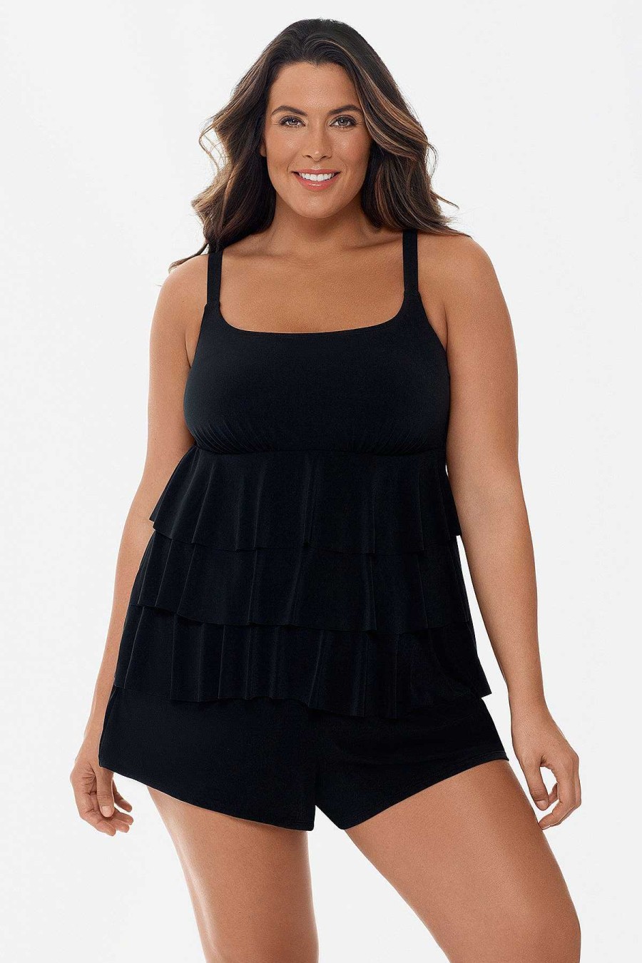 Swim Longitude | Plus Size Ruffle Faux Long Torso Shortini Little Dress Black